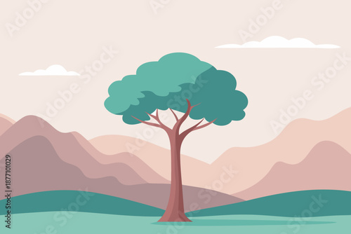 Serene landscape with a solitary tree in a peaceful mountain valley