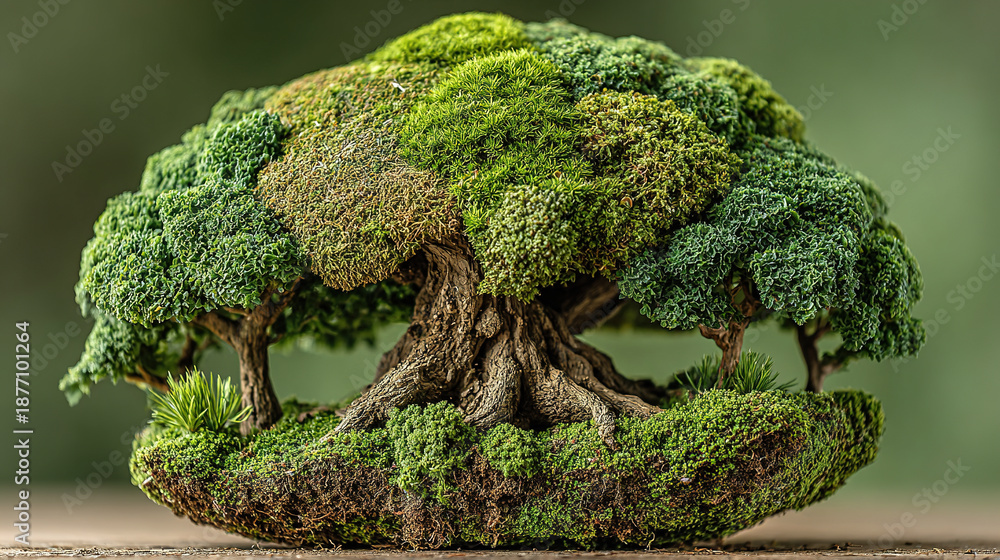 custom made wallpaper toronto digitalMiniature moss-covered tree sculpture with lush greenery and textured bark.