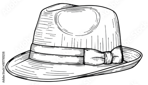 Hand drawn line art illustration of a fedora hat depicting its classic design for fashion and accessories