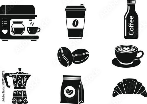 Detailed coffee icon set including espresso machine disposable cup latte art moka pot beans and croissant vector illustration