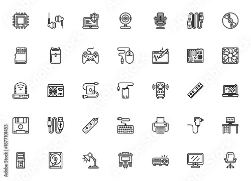 Computer Accessories icon set. Vector tech icons pack. Includes CPU, keyboard, mouse, webcam, router, hard disk, USB, printer, gaming gear and more. Editable stroke.