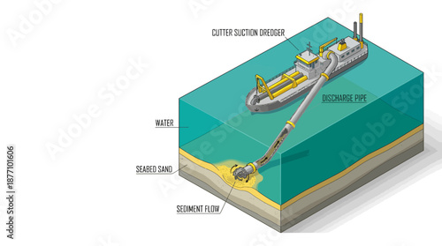 Detailed isometric diagram illustrating a cutter suction dredger extracting sand from the seabed.