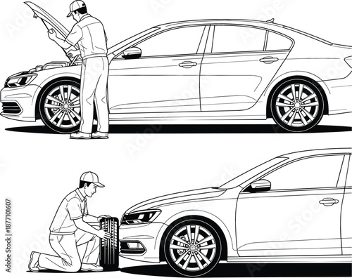 Professional auto mechanic repairing car engine under open hood and changing tire in black white vector line illustration