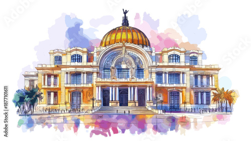 Bellas Artes Palace. Bellas Artes Palace hand drawn watercolor illustration