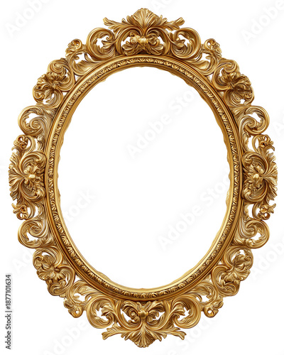 Ornate golden oval picture frame with intricate baroque design, isolated on white, png