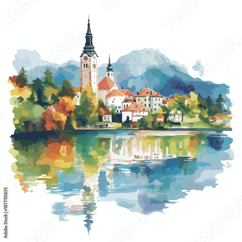 Lake Bled. Lake Bled watercolor vector illustration