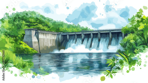 Petit Saut Dam. Petit Saut Dam hand drawn watercolor illustration