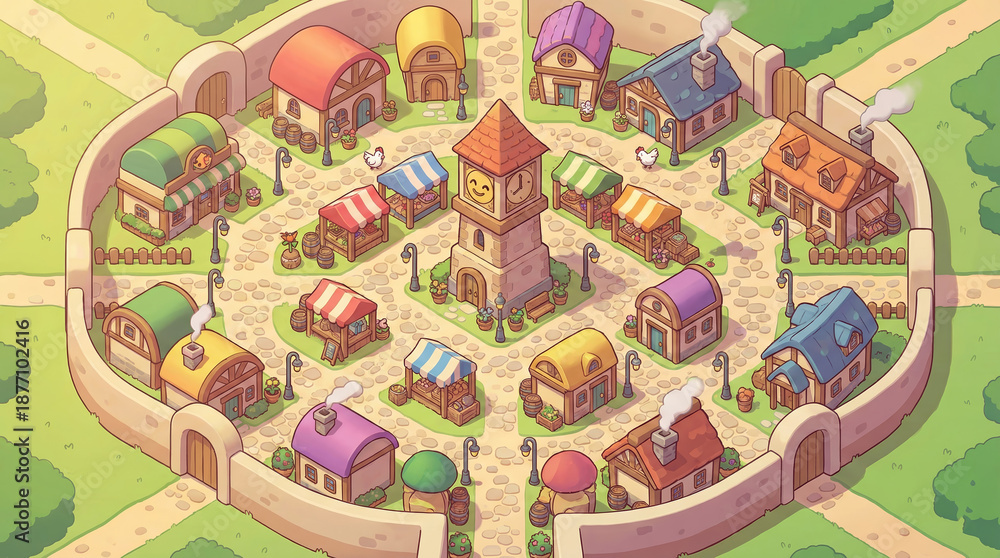 Obraz premium Cute Vibrant Isometric Fantasy [The Clock Village] Battle Map - Tabletop RPG Adventure Grid