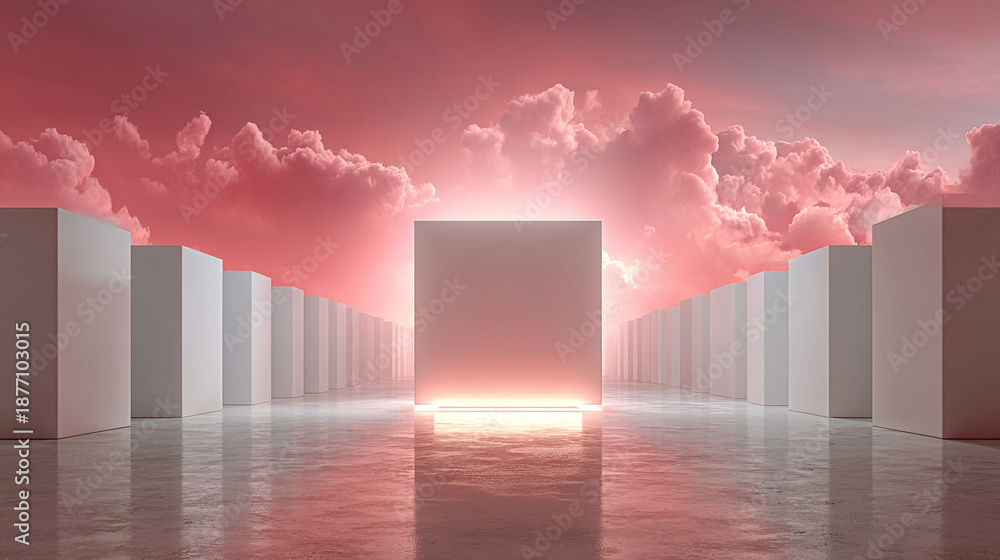 custom made wallpaper toronto digitalAbstract scene with tall white structures, a glowing square, and a pink sky.