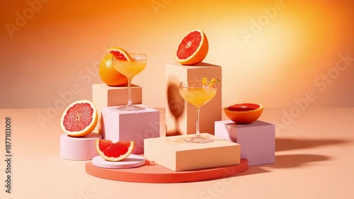 Fresh grapefruit cocktails and citrus fruits displayed on pastel podium against a soft orange background with warm lighting effects