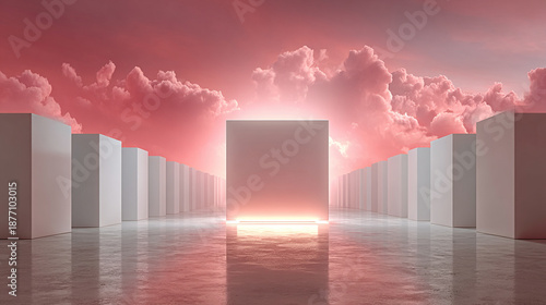 Wallpaper Mural Abstract scene with tall white structures, a glowing square, and a pink sky. Torontodigital.ca