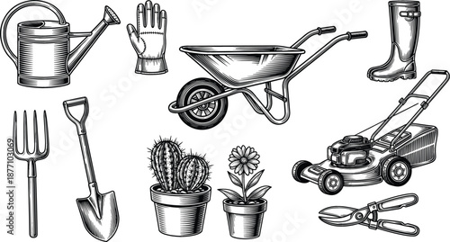 Vintage black and white woodcut engraving of gardening tools including wheelbarrow lawn mower watering can and hand tools
