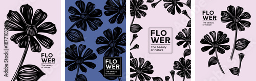 Minimalist floral illustration. Monochrome flower vector design for art print, poster, notebook cover, card, invitation frame.