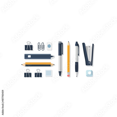 Office supplies set pens pencils clips stationery.