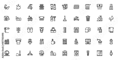 Bathroom icon set. Minimal vector icons pack. Includes bathtub, towel, sink, toilet, mirror, shower, soap, toothbrush and more. Editable stroke.