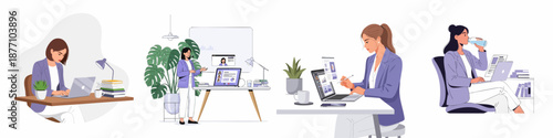 Collection of Businesswoman Vector Illustrations Depicting Office Tasks, Remote Work, and Online Meetings.