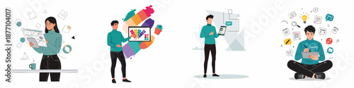 Vector illustration set showing creative professionals working on design, UX/UI, color palettes, and branding concepts.