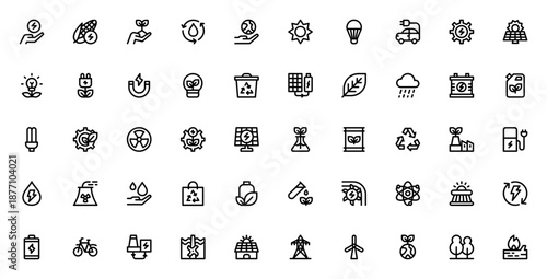 Sustainable Energy icon set. Vector icons pack featuring solar panel, windmill, electric car, recycling, battery, leaf, biofuel and more. Editable stroke.