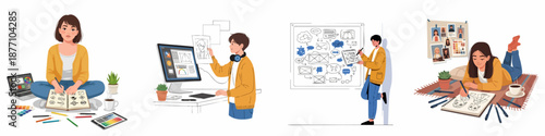 Diverse creative workflow concepts illustrating designers sketching logos, practicing digital art, developing UX strategies, and drawing characters.