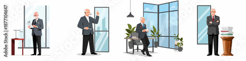 Collection of illustrations depicting a senior male executive managing his business in a modern office environment, performing various professional tasks.
