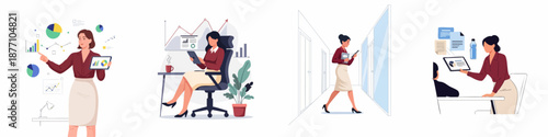 Businesswoman set: analyzing financial charts, working on a tablet, walking in the office, and presenting data in a meeting.