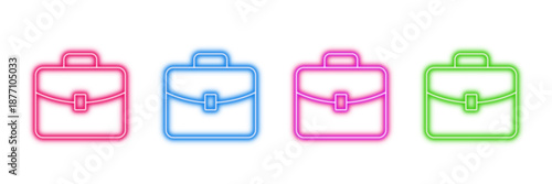 Neon glowing briefcase vector icons set, business, work, office, professional, corporate, finance, vibrant colorful digital design on transparent background.