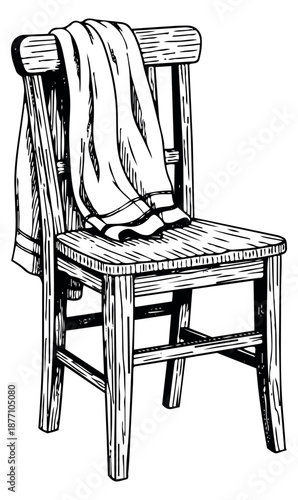 Hand drawn line art illustration of a wooden chair depicting clothing draped over its back for home and interior design