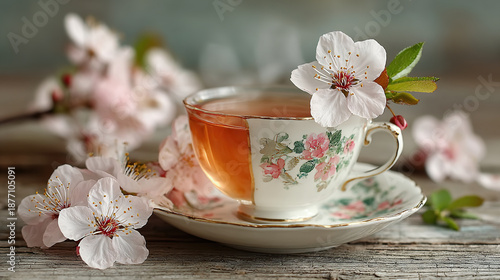 A floral teacup with tea surrounded by cherry blossoms on a wooden surface.