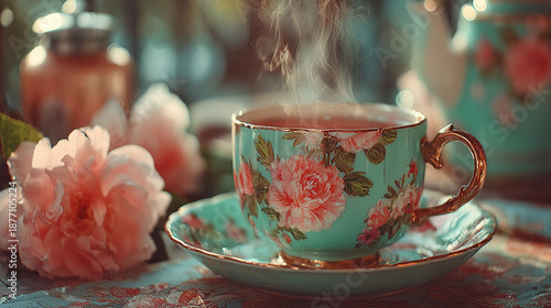A steaming cup of floral-patterned tea on a decorative table.