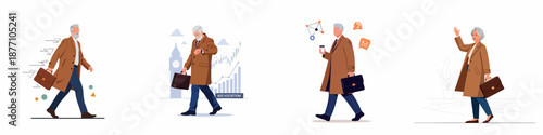 Elderly professionals in trench coats walking, checking time, and networking, illustrating various aspects of modern business and dynamic careers.