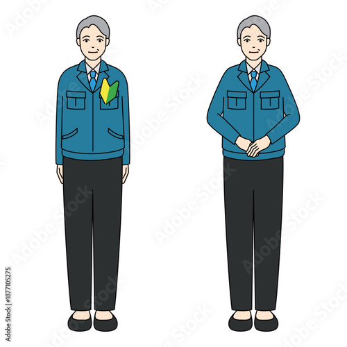 Senior male worker with beginner mark and bowing pose