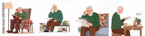 Senior man enjoying diverse retirement activities: reading, learning, using a laptop, and relaxing with books and coffee.