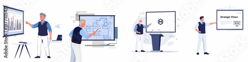 Business professionals giving presentations, analyzing data, architectural blueprints, and sharing strategic vision in corporate training and conference settings.