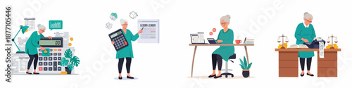 Senior woman accountant set managing finances, taxes, and retirement: vector illustrations of calculation, bookkeeping, and professional office work.