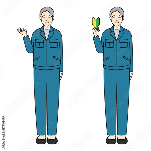 Senior male worker holding beginner mark and presenting with palm