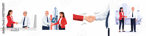 Professional handshakes between a businesswoman and an older colleague or client, illustrating partnership, successful negotiations, business agreement, contract signing, and corporate success.