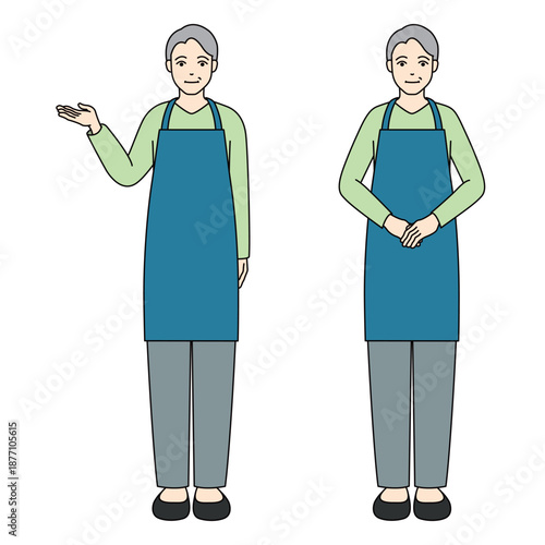 Senior male clerk in apron presenting and bowing politely