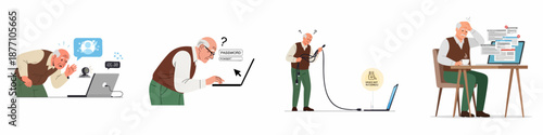 Elderly Man Technology Frustration Set: Struggling with webcams, forgotten passwords, tangled cables, and complex laptop interfaces.
