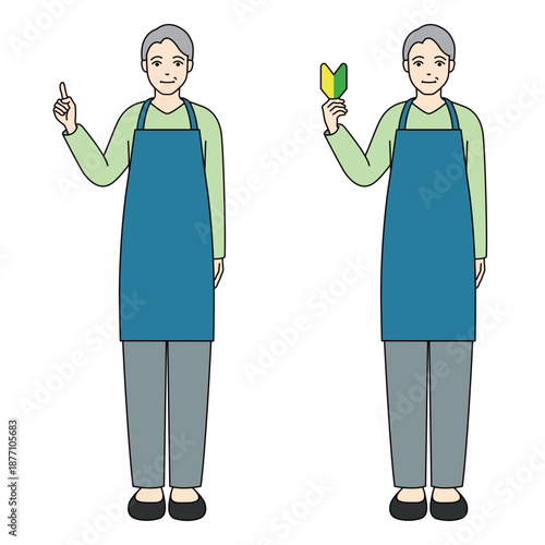 Senior male staff in apron pointing finger and holding beginner mark