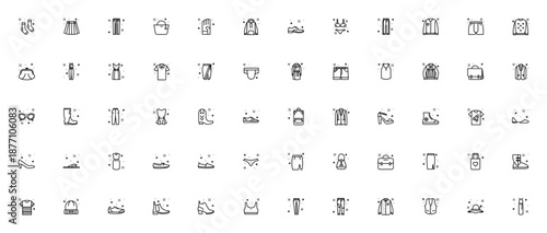 Clothes icon set. Vector wardrobe collection. Includes socks, skirt, jeans, dress, t-shirt, shoes, jacket, bag and more. Editable thin line icons.