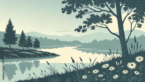 Tranquil summer landscape of a calm forest lake with green trees and blue sky reflections on the mirror water surface at scenic sunrise