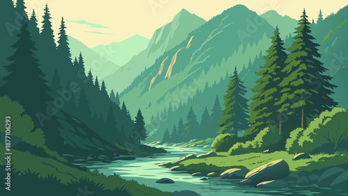 A breathtaking alpine mountain river landscape features a high snow peak above a lush green forest valley with pine trees under a cloudy summer sky in the park