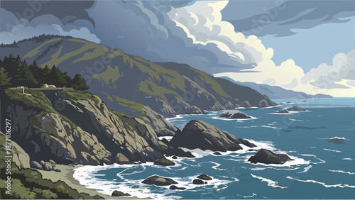 A breathtaking summer travel landscape featuring a blue ocean coastline where rocky mountains meet the sea under a cloudy sky