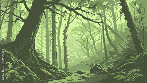 Beautiful green trees in a natural forest landscape with sunlight filtering through spring foliage along a park path