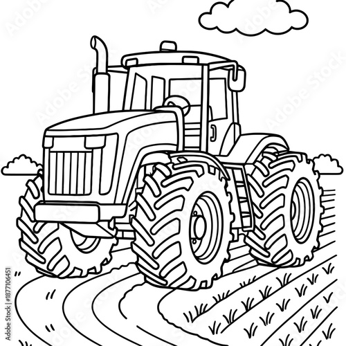 Agriculture Tractor Illustration: A detailed black-and-white illustration of an agricultural tractor, designed for coloring and educational purposes, set against a simple backdrop. 