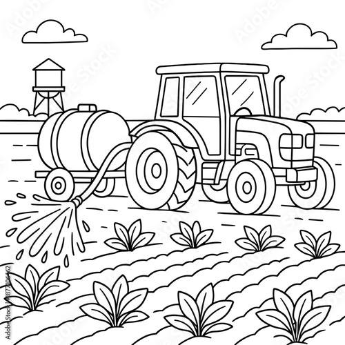 Farm Tractor in Action: An illustrative image of a farm tractor diligently irrigating a field, a symbol of agriculture and its vital role in nurturing the land.