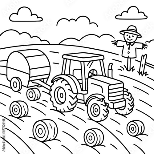 Farm Tractor in Field: Depicting a tractor towing a hay bale, accompanied by scattered bales in a field, under a sky with clouds, alongside a scarecrow
