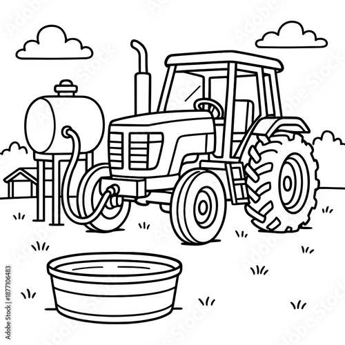 Farm Tractor at Work: The image showcases a line-art style depicting a tractor on a farm, set against a backdrop of rolling hills and sky.