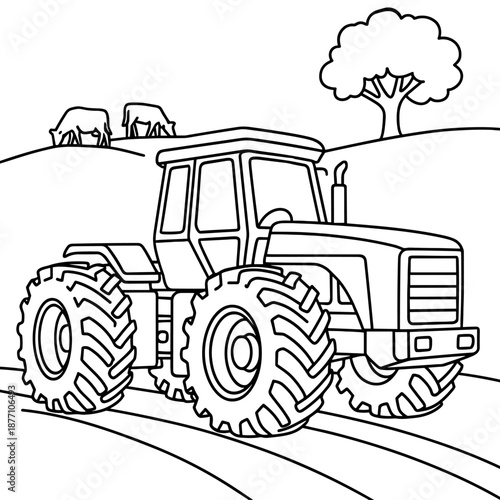 Farm Tractor Outline: A detailed outline of a powerful tractor working on a farm, surrounded by grazing livestock and rolling hills, a symbol of agriculture and rural life.