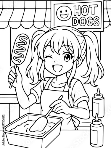 Cheerful Food Vendor: A delightful cartoon illustration depicts a cheerful food vendor presenting a hot dog. The vendor, winking and smiling.